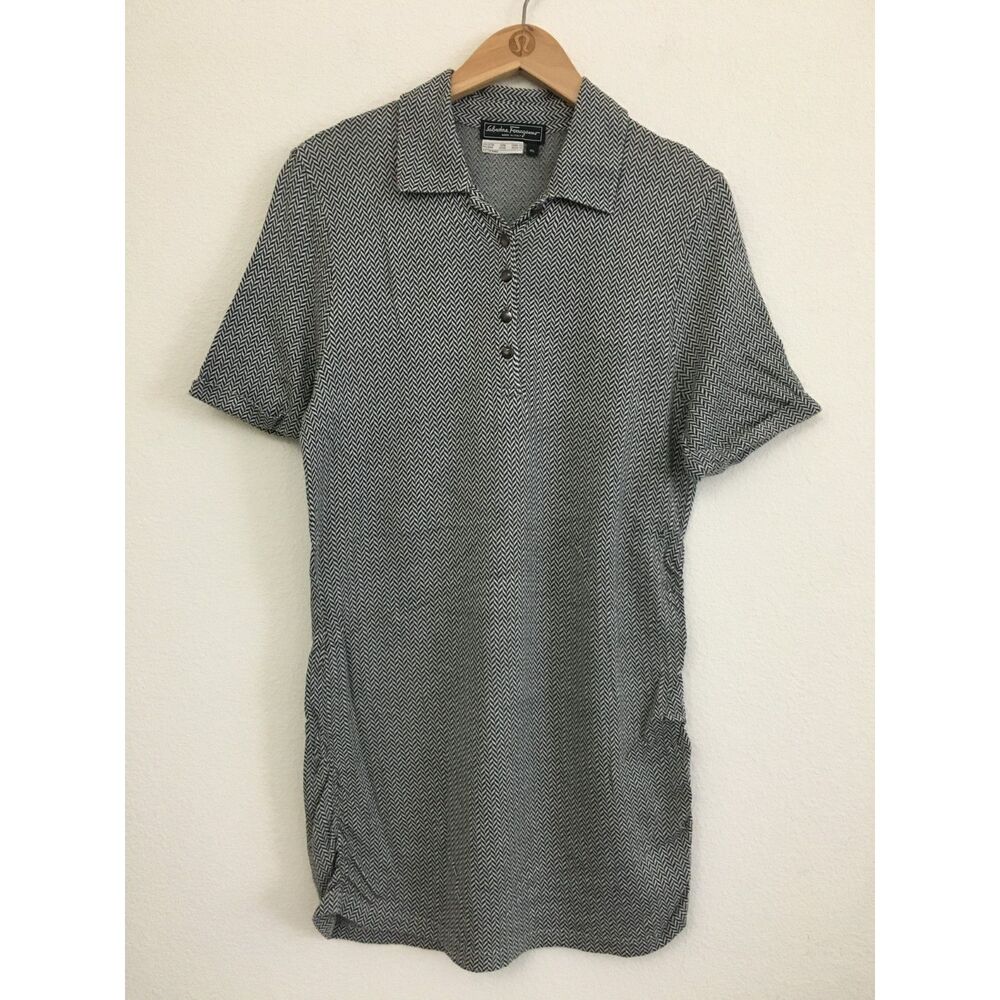 Salvatore Ferragamo Herringbone Knit Polo Tunic Top XL Italy Ruched Stretch